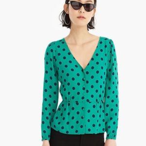 J. Crew Green & Blue Polka Dot Long Sleeves Blouse